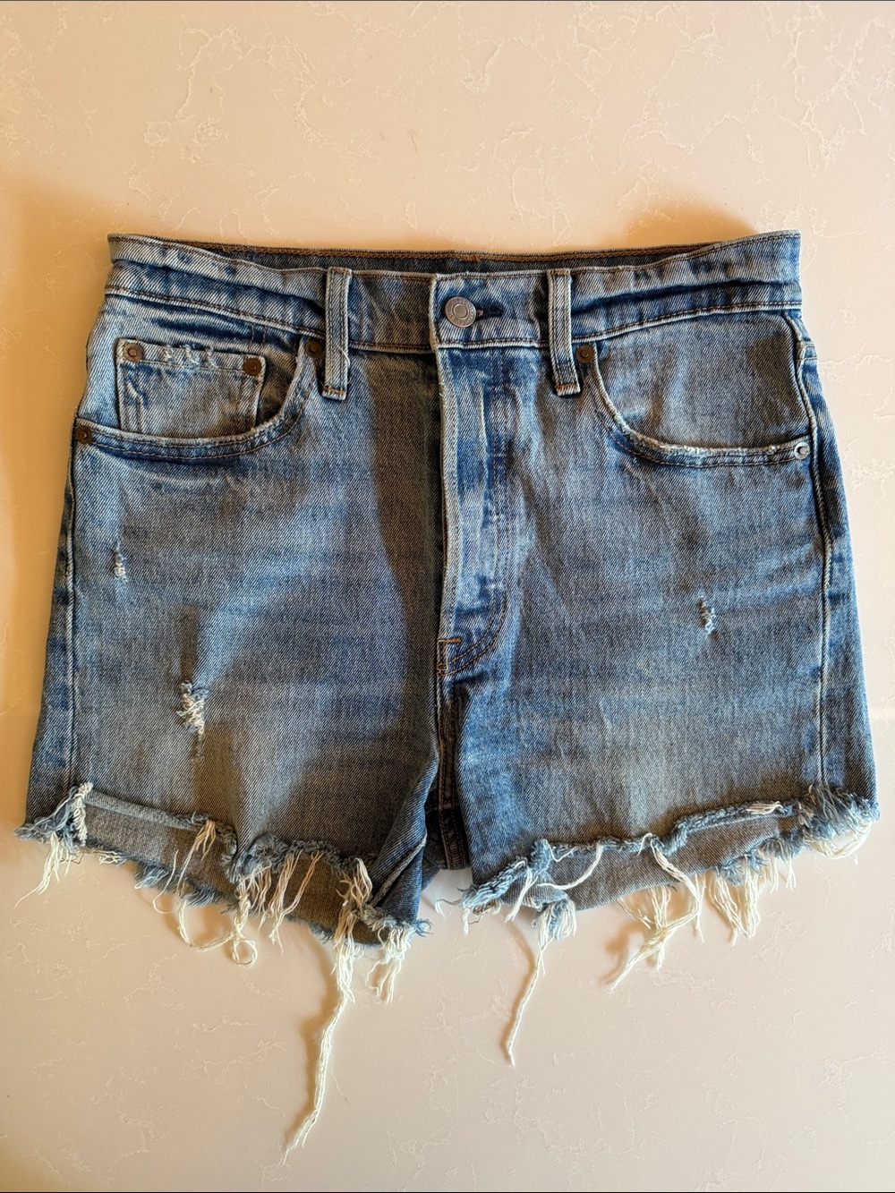 Women's Levi’s 501 Distressed Cutoff Denim Shorts - Blue Button Front Size 28
